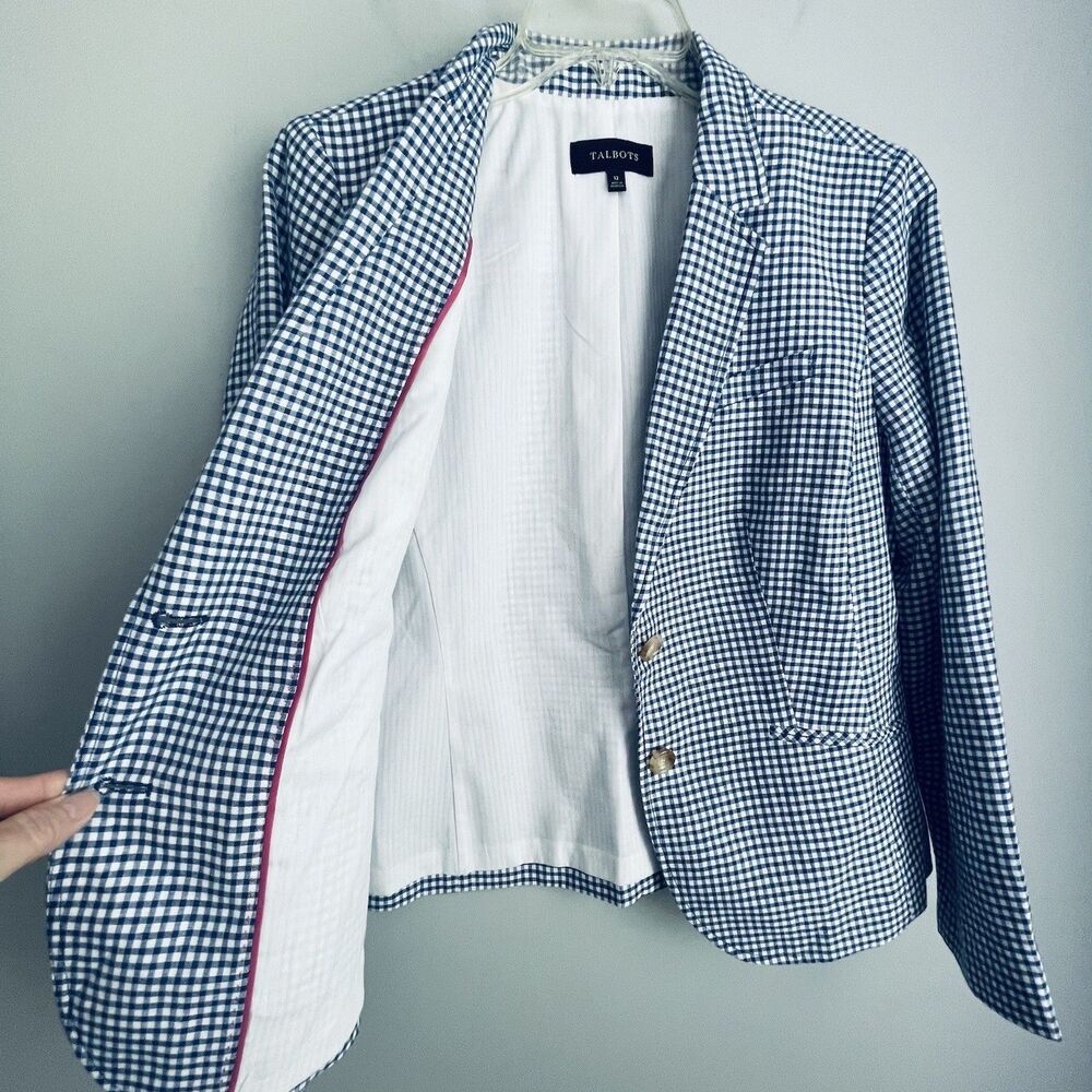 Talbots Blazer Womens 12 Blue Gingham Check Linen Blend Lined Jacket Career